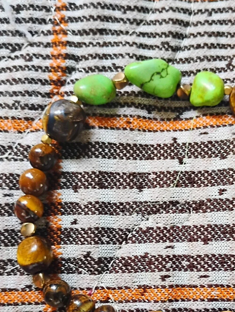 Large Tiger Eye and Green Turquoise Stretch Bracelet - Picture 5 of 6
